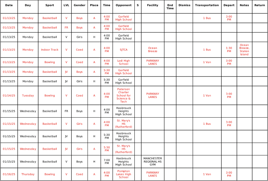 Weekly Sports Schedules